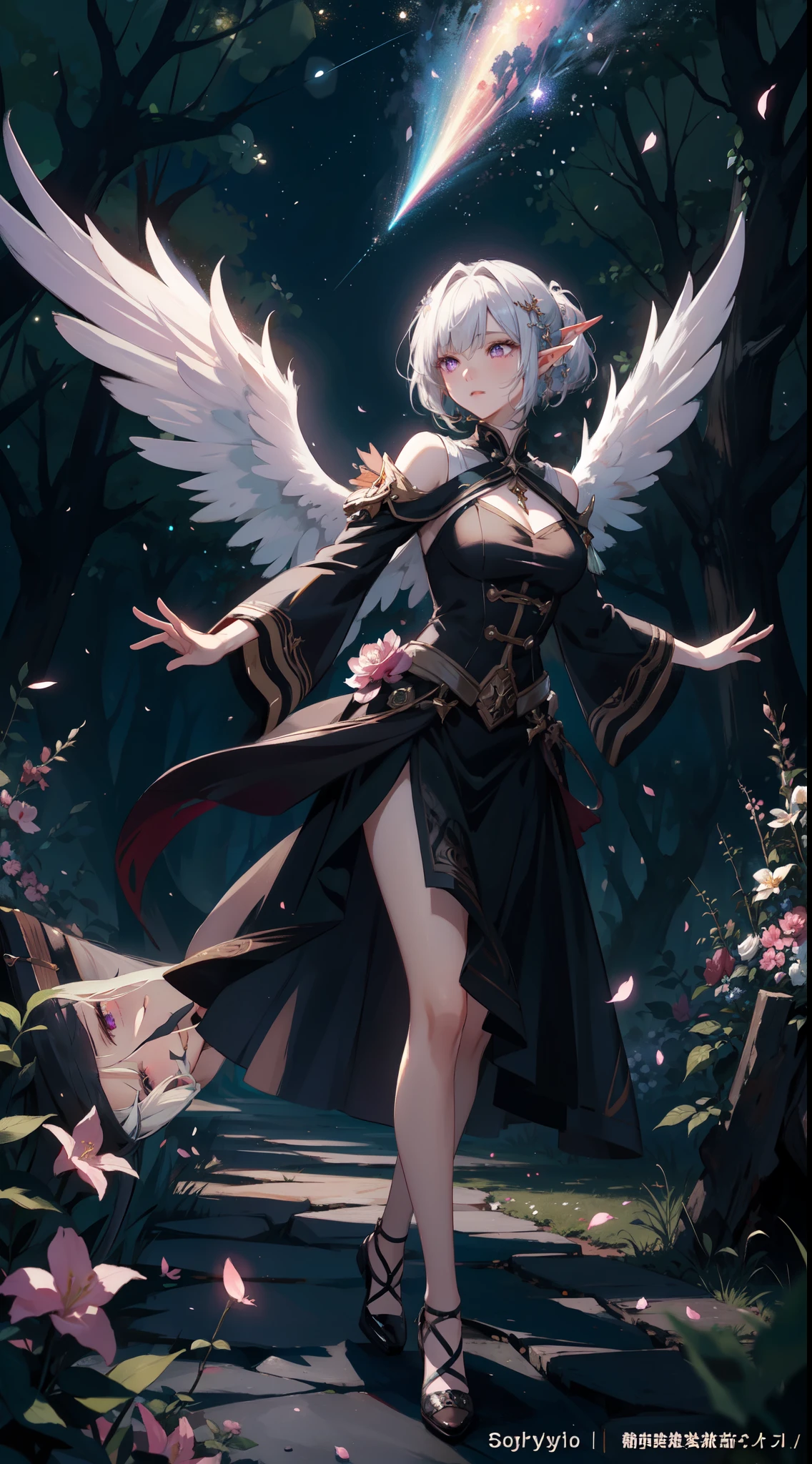 ((masterpiece, best quality)), official art, unity 8k wallpaper, ultra detailed, In a realm of enchantment, within a magical forest, A mysterious angel elf girl appears, a radiant being adorned in gossamer threads of moonlight. Her skirt, woven from petals and stardust, shimmers with an iridescent glow, reflecting the celestial canopy above. Flowering trees々As she flutters her wings in the midst of sparkling fireflies, the air resonates with the ethereal symphony of nature's whispers, Creating a place where dreams and reality are intertwined，Dances that form pure charm，Mo size，Full body photo，中景 the scene is the most beautiful form of chaos, elegant, a brutalist designed, vivid colours, romanticism, by Artgerm, Wadim kashin, Kawacy, BREAK, highly detailed of (elf), (1girl), perfect face,details eye, short hair, low ponytail, Blunt bangs, (hair between eye), white hair, violet eyes, BREAK, eyelashes, eyeshadow, pink eyeshadow,