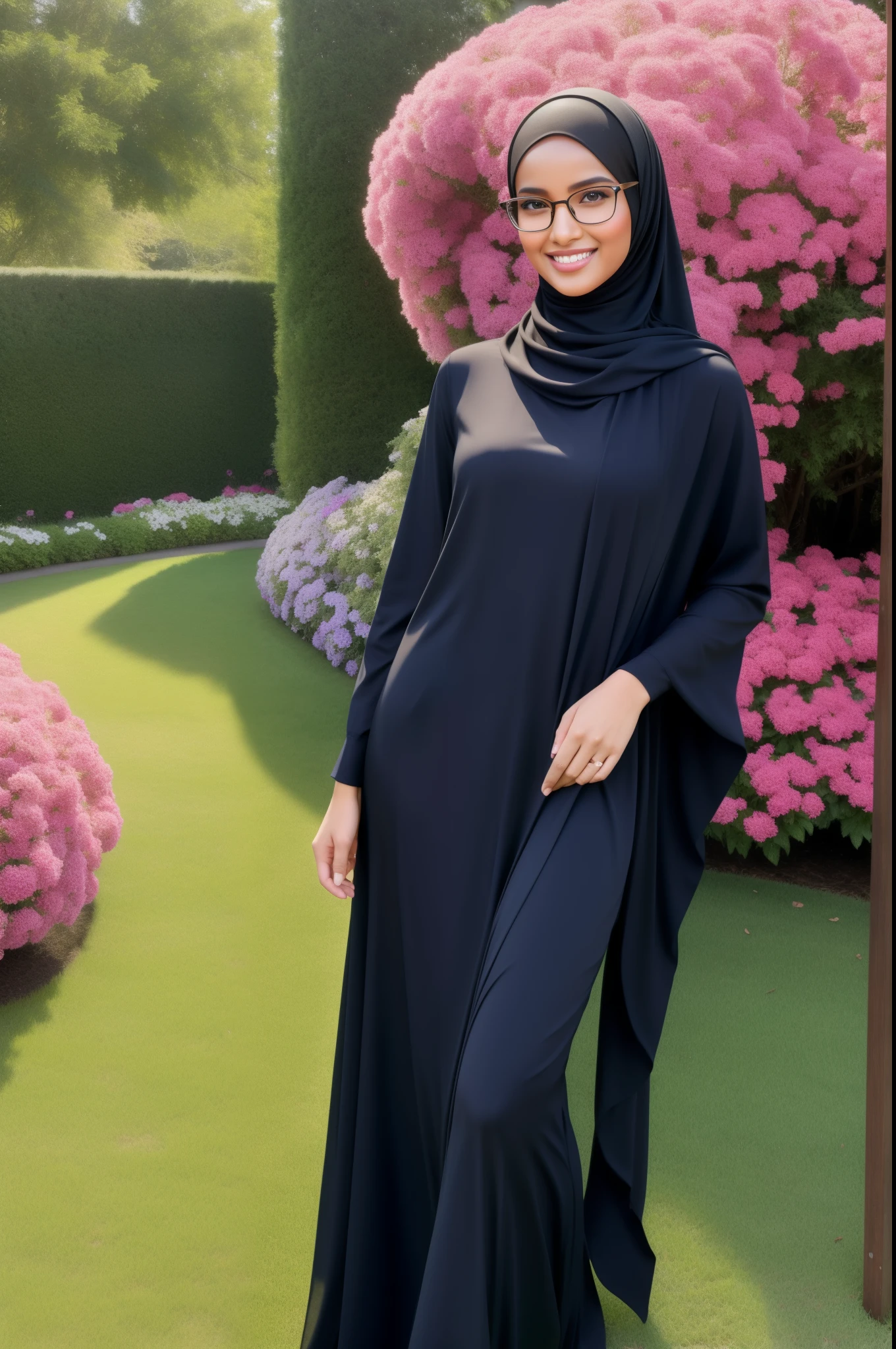 full body image of ultra realistic,16k, enhanced quality, perfect face, perfect hands, perfect body, ultra detailed, perfect hair, girl wearing glasses, perfect glasses, perfect smile, ultra realistic, ultra realistic background, full body image, posing for photo in flower garden, girl wearing perfect hijab,full body shooting, ultra realistic particles, perfect duck lips, full body shooting, Islamic hijab,