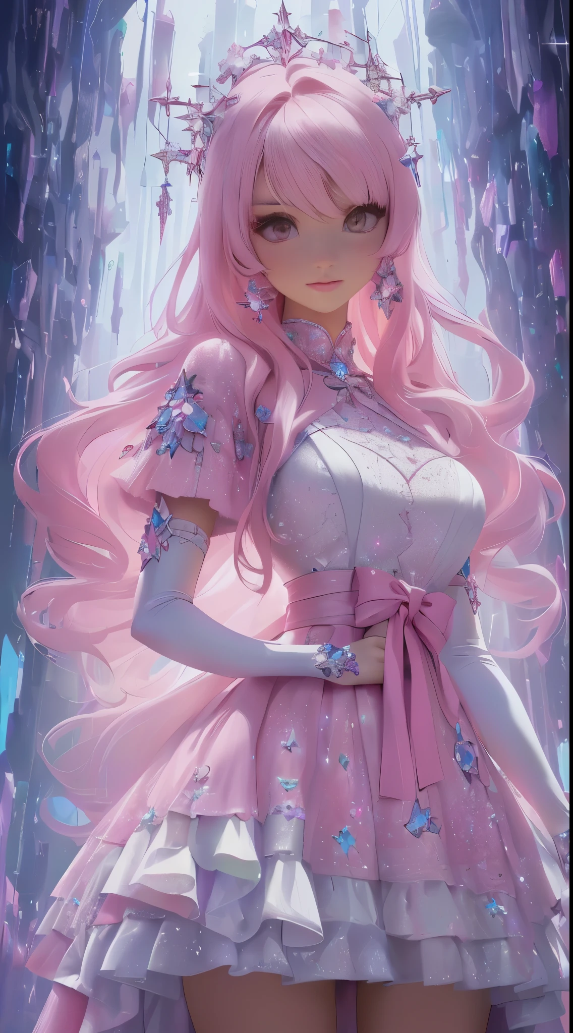 Ariana Grande vestida con un miniskirt de cuarzo violeta, Arte digital 4K altamente detallado, Arte digital detallado 4K, Beeple y Jeremiah Ketner, Digital Cyberpunk - Arte Anime, digital artwork 4 k, Arte detallado de alta calidad 8K, Estilo Art Wallpaper 4K, (fondo cuarzo gigantes minerales:1.4) , More detailed 8K.motor irreal:1.4,UHD,La mejor calidad:1.4, fotorrealista:1.4, textura de la piel:1.4, obra maestra:1.8,obra-prima, mejor calidad,objeto Objeto], (detailed face features:1.3),(Las proporciones correctas),(convexo,Dedos detallados:1.4)   ,（Beautiful and detailed eye description:1.4）,(Perfect anatomy),(vestido corto de cristales  de cuarzo violeta:1.4), (cristales cuarzo:1.4), (ropa de cristales de cuarzo pink :1.4),(mostrando panties White:1.4) ,cristales de cuarzo pink, (fragmentos de cristales de cuarzo pink en el vestido:1.4), (vestido pink cristales cuarzo), (cabello largo pink:1.4),