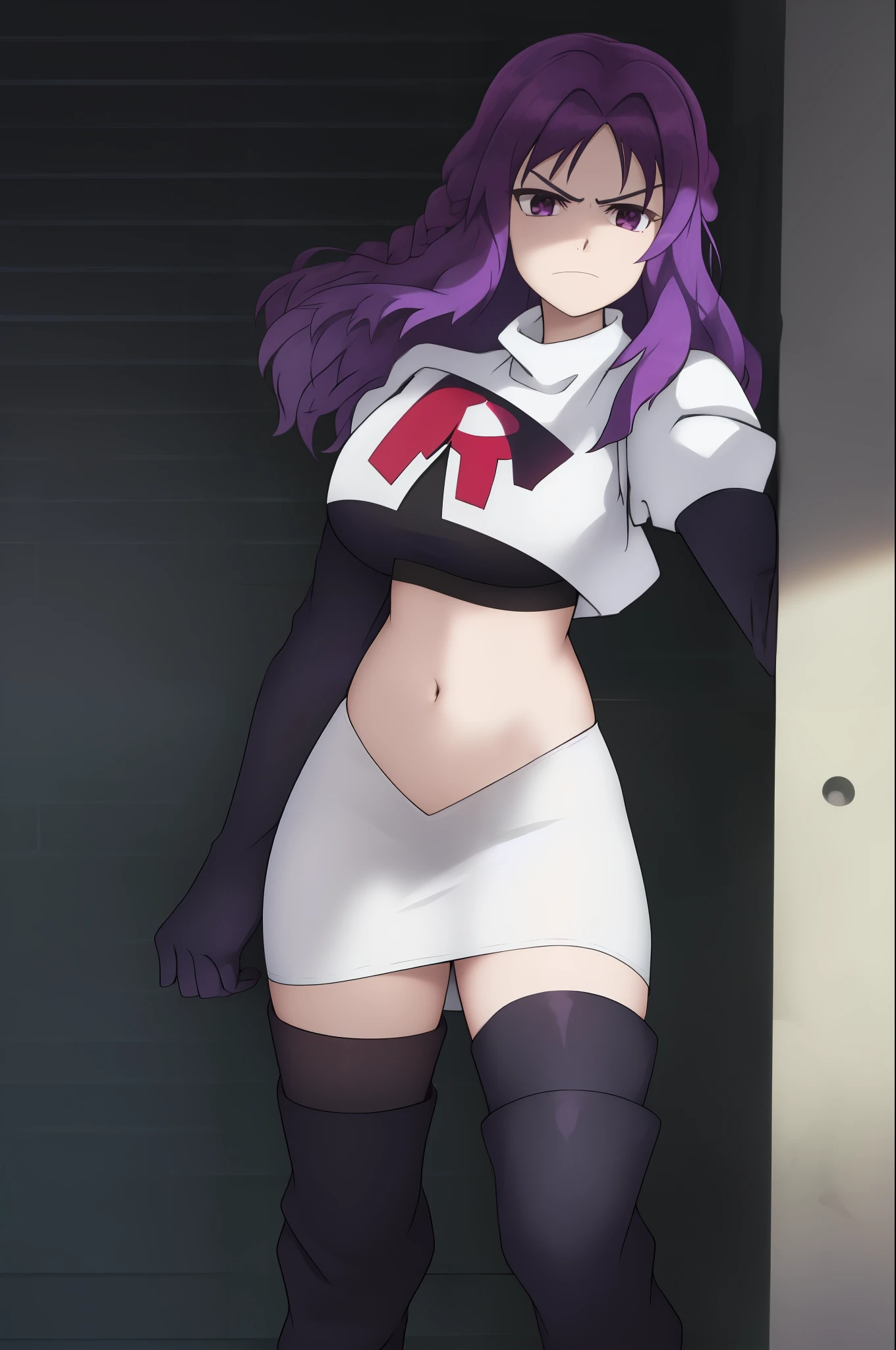 leane, 1girl, solo, long_hair, bangs, closed_mouth, purple_eyes, purple_hair, v-shaped_eyebrows, frown, team rocket, team rocket uniform, red letter R, white skirt, white crop top, black thigh-high boots, black elbow gloves,