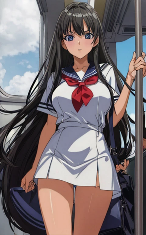 A beautiful woman with long black hair, big breasts, and beautiful legs is wearing a sailor suit with a white miniskirt, exposing light blue and blue striped panties, and standing glaring at an old man wearing a suit on the train.。