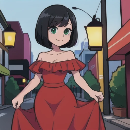 1 girl, Teenage, Black hair, Short black hair, Medium Hair, Bob Hair, Green eyes, off shoulder dress, red Flamenco Dress, Flamenco dancer, sleeveless, red long skirt, Smile, the city street, Sexy, nighttime, masterpiece, High quality, better lighting.