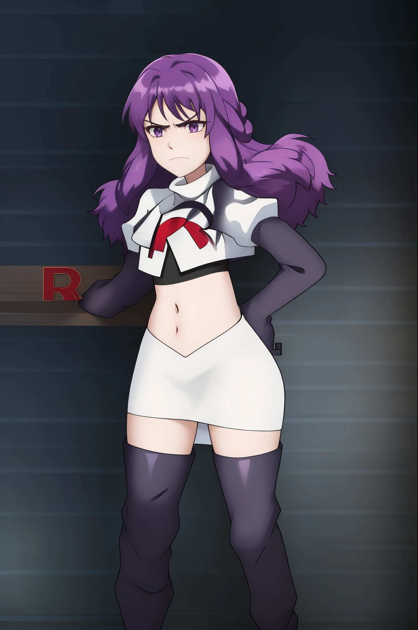 leane, 1girl, solo, long_hair, bangs, closed_mouth, purple_eyes, purple_hair, v-shaped_eyebrows, frown, team rocket, team rocket uniform, red letter R, white skirt, white crop top, black thigh-high boots, black elbow gloves,