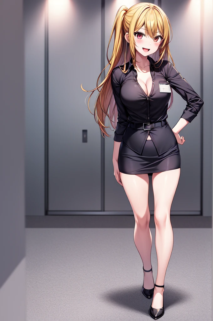 anime, beautiful face, highly detailed face, 2 accurate legs detailed eyes, highly detailed background, perfect lighting, accurate arms, accurate hands, accurate fingers, full body, 1girl, solo, ruby hoshino, oshi no ko, indoors, detailed heels, black detailed thighhighs, indoors, absurdres, high res, ultrasharp, 8K, masterpiece, looking at viewer, (full body:1.4), smiling with compassion, open mouth smile, holding paperwork, office skirt, office uniform, unbuttoned shirt, detailed shirt, cleavage, standing, hands on hips, body facing away from viewer, ass view, view from behind, looking over her shoulder