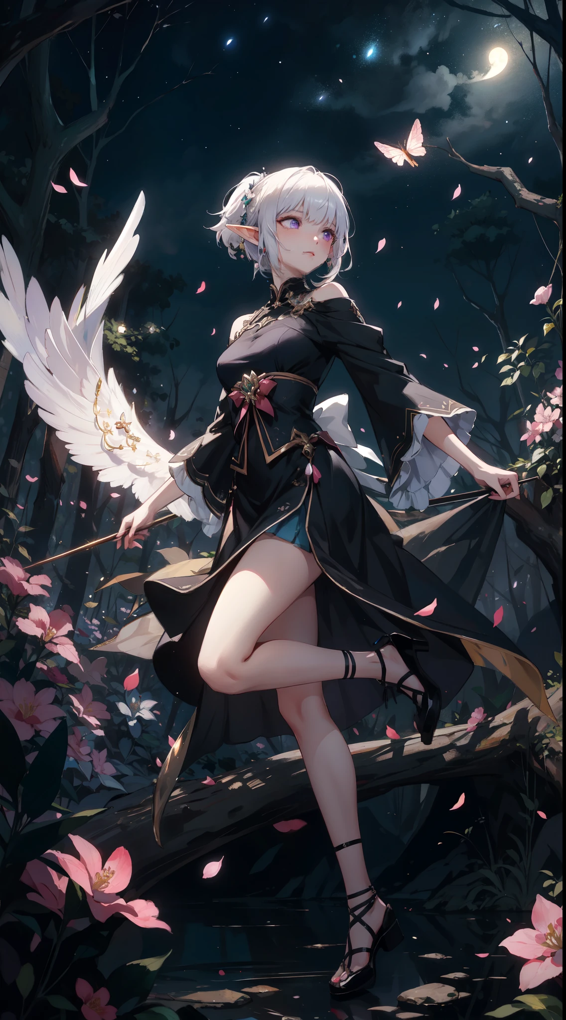 ((masterpiece, best quality)), official art, unity 8k wallpaper, ultra detailed, In a realm of enchantment, within a magical forest, A mysterious angel elf girl appears, a radiant being adorned in gossamer threads of moonlight. Her skirt, woven from petals and stardust, shimmers with an iridescent glow, reflecting the celestial canopy above. Flowering trees々As she flutters her wings in the midst of sparkling fireflies, the air resonates with the ethereal symphony of nature's whispers, Creating a place where dreams and reality are intertwined,Dances that form pure charm,Mo size,Full body photo,中景 the scene is the most beautiful form of chaos, elegant, a brutalist designed, vivid colours, romanticism, by Artgerm, Wadim kashin, Kawacy, BREAK, highly detailed of (elf), (1girl), perfect face,details eye, short hair, low ponytail, Blunt bangs, (hair between eye), white hair, violet eyes, BREAK, eyelashes, eyeshadow, pink eyeshadow,