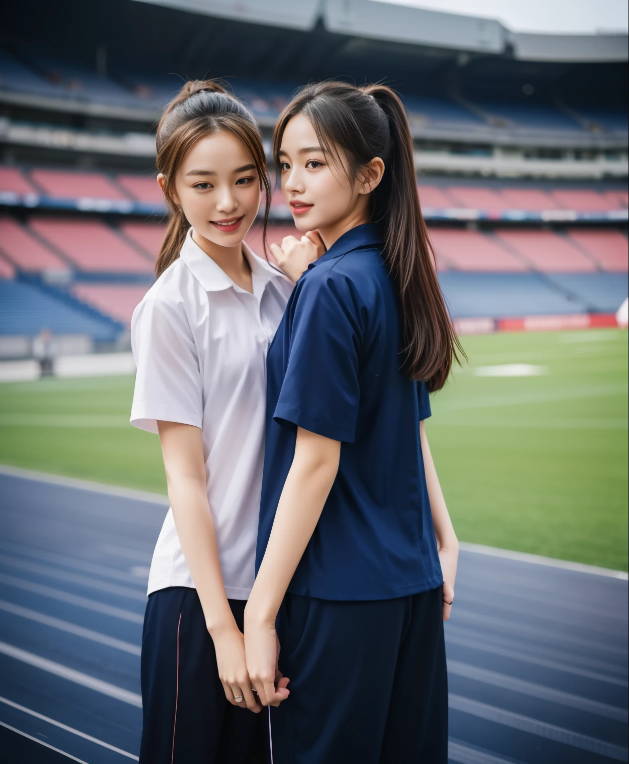 (bestquality,10,10,highres,masterpiece:1.2),ultra-detail,(Realistic,ภาพRealistic,photo-realistic:1.37),1 Cute girl in the football field,oily shiny skin,bara,light smile,BDclothelue shirt:1.3)),short sleeves,shirt, trousers.,(navy_long_ติดตามtrousers:1.1), ((Stadium Background:1.3)),dynamic angle,excited,face focus,Dynamic Poses,from behide,Ass Focus,masterpiece, bestquality, ultra realistic, hyper-detail, 8k resolution, RAW photo, crisp focus, ((Navy blue shirt:1.1)), short sleeves, เส้นทางlong, Complete bodyแบบ, 2 mature women, 18yo, cinematic light,trousersวอร์มสีน้ําเงิน,Gymware,Correct anatomy,Complete body, Correct body, sharp face, Correct bodyทางกายวิภาค, full entire body, Realistic gestures, long-haired, Realistic poses,Wear long shorts.......................................,ช่วงขาlong,Shapely,Sculpting Girl, Slender Figure, mannequin mannequins, Shapely, Beautiful body,trousersวอร์มสีน้ําเงิน, Two girls kissing