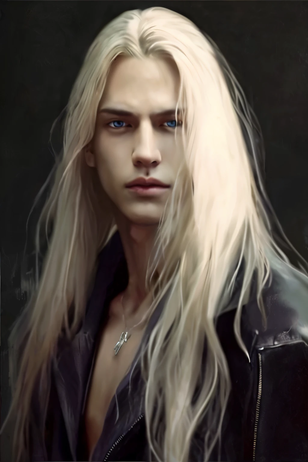 a painting of a woman with longos cabelos loiros e olhos azuis, com longos cabelos loiros, com longos cabelos brancos, retrato masculino da fantasia, com cabelos longos brancos, portrait of a slender elven man, vampiro macho, bonito drow, longos cabelos loiros e olhos azuis, elvish blonde male warrior, Rio Masculino, lindo drow macho, com cabelos longos e olhos penetrantes, taehyung bts