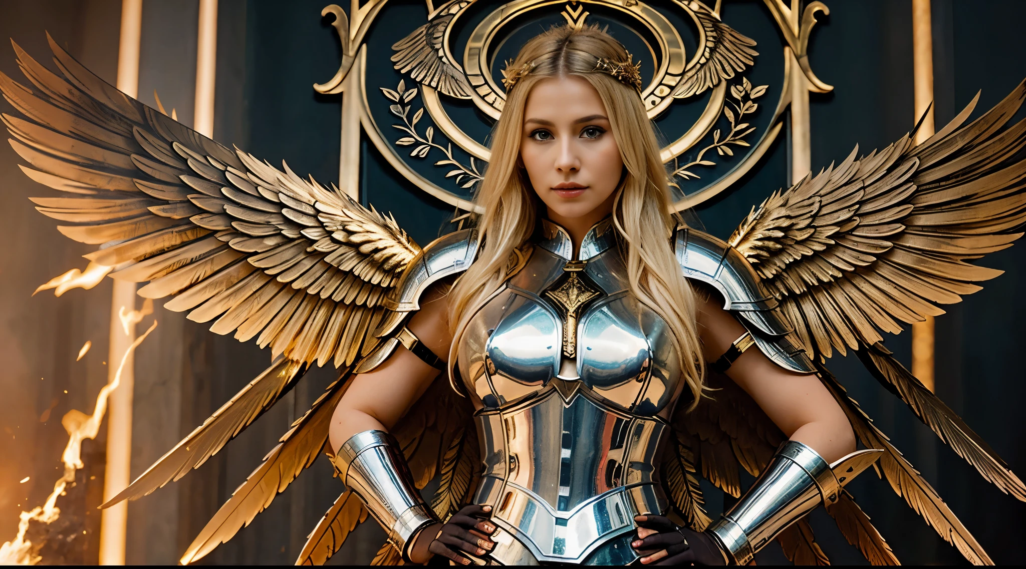 blond sexy woman in viking armor teasing with wings, as a mystical valkyrie, wings, karol bak uhd, detailed wings, archangel, epic angel wings, portrait of a beautiful sexy angel, angel knight girl, beautiful female angel, with fiery wings, goddess athena, hot