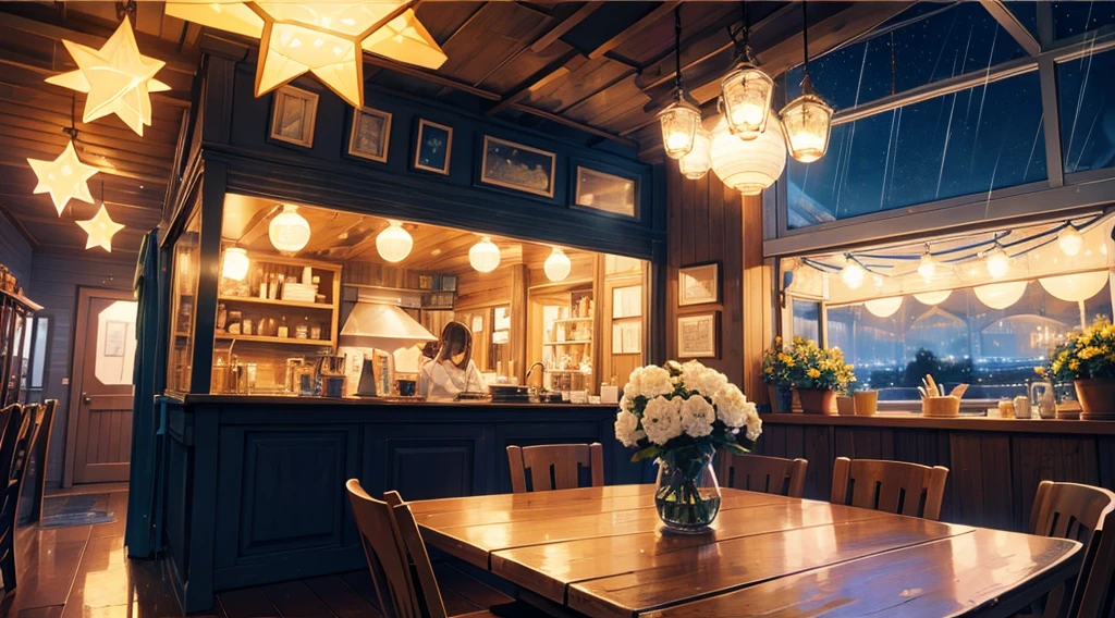 inside the seaside cafe, night time, rain outside the window, star shaped lighting