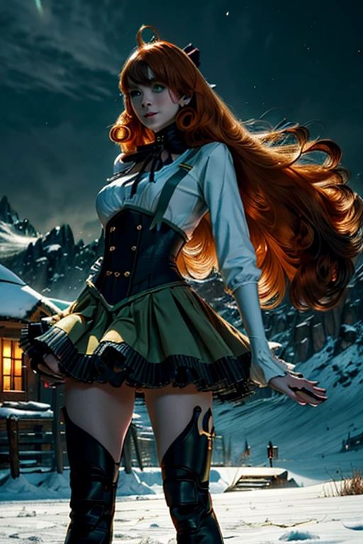 depth of field, blur,  pennymk2, green eyes, black bow, (power symbol:1.2), black ribbon, black thighhighs, mechanical legs, smile, long hair, white blouse, suspender skirt, corset, orange hair, 8k wallpaper, octane render, cinematic lighting, best quality, highres, absurdres, sharp focus, (8k), (4k), (Best Quality), fantasy, extremely detailed, intricate, hyper detailed, (perfect face), illustration, soft lighting, (specular lighting:1.4), standing near ski lodge, crowd, mountains