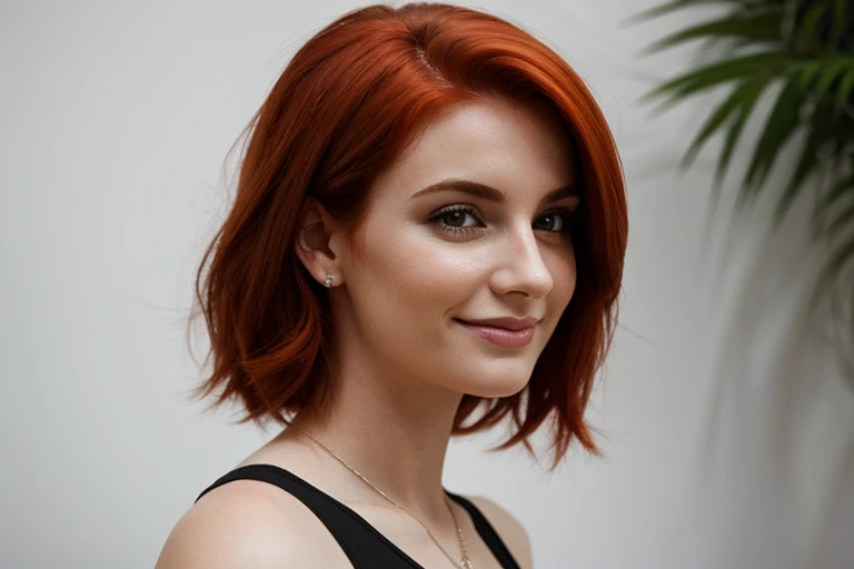 mulher europeia, 25 anos, profile position, alegre, background branco, medium red hair