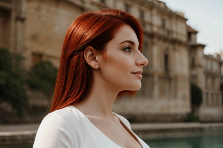 mulher europeia, 25 anos, profile position, alegre, background branco, medium red hair