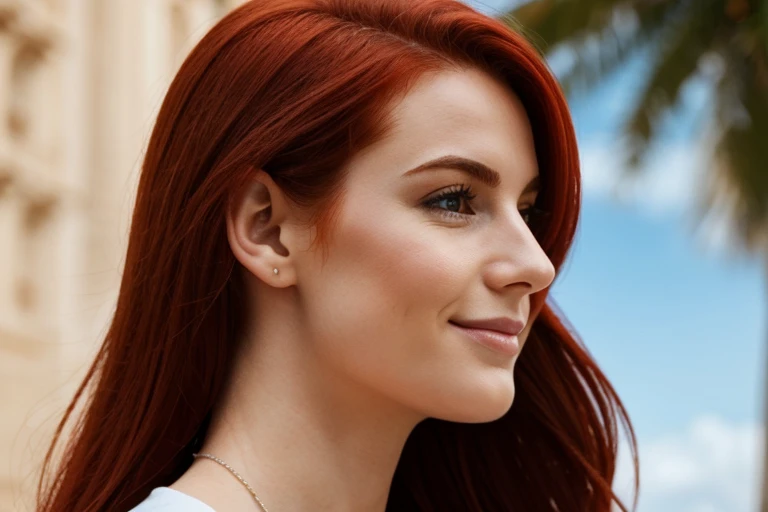 mulher europeia, 25 anos, profile position, alegre, background branco, medium red hair