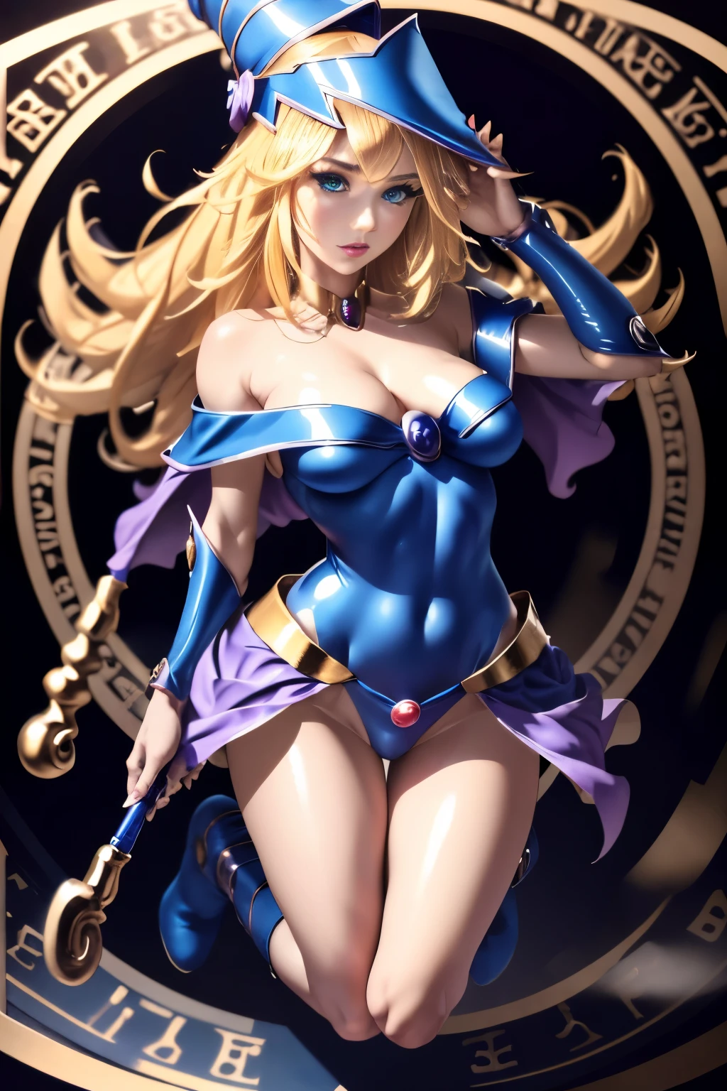 ultra-detailed, extremely detailed, masterpiece, highest quality, best quality, absurdres, highres, dark magician girl, (1girl:1.2), solo, detailed face, dynamic pose, hair flow, (full body:1.1), blonde hair, long hair, looking at viewer, green eyes, skindentation, detailed skin, skin pores, (shiny skin, glossy skin:1.1), rosy skin details, breasts, nail polish, skirt, blue footwear, blue headwear, wizard hat, wand, holding hat, (blue panties:0.9), (summoning circle:1.1), hexagram, pentacle, pentagram, yu-gi-oh!, duel monster, purple magic field, glow, detailed background, intricate background,