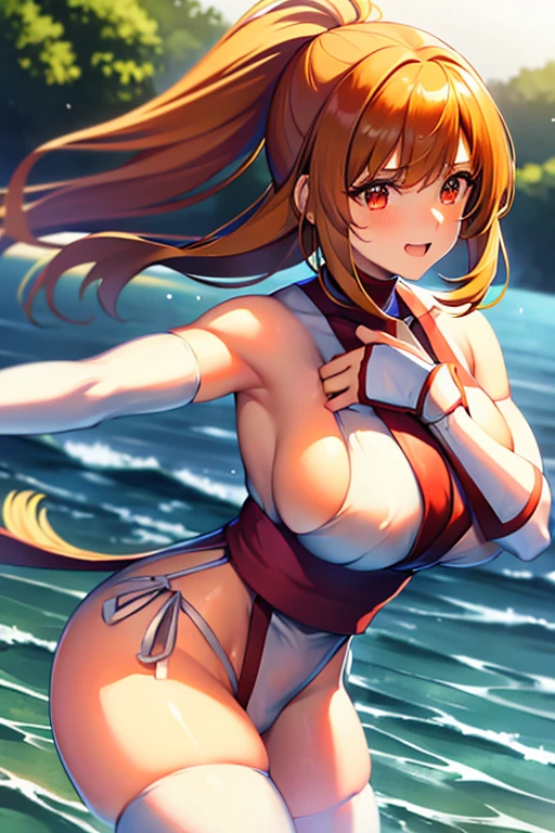 1 woman, Retasu, wearing a Kasumi DOA attire, dancing seductively, big breasted, sexy attire, fighting in combat, showing her fighting skills, confident, proud, action and fighting scene, beach environment