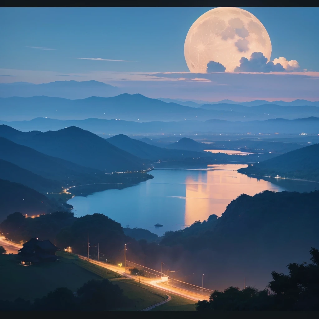 night scene with some house asian, vietnam, viet nam, ha giang, moon, lake in the foreground, calm night, green and blue, digital illustration, 4k highly detailed digital art, night scenery, anime art wallpaper 4k, anime art wallpaper 4 k, 4k detailed digital art, nighttime nature landscape, anime art wallpaper 8 k, background artwork, beautiful art uhd 4 k, 4 k hd illustrative wallpaper