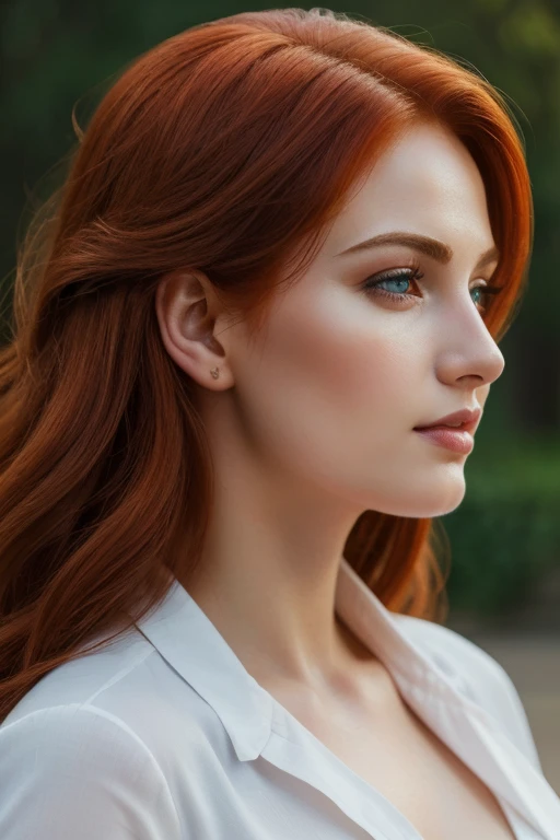 (best quality,4k,8k,highres,masterpiece:1.2),ultra-detailed,(realistic,photorealistic,photo-realistic:1.37),medium:oil painting,european woman,25 years old,profile position,joyful,detailed red hair,beautiful detailed eyes,beautiful detailed lips,white background,vibrant colors,dynamic lighting