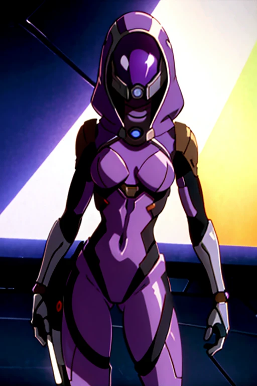 masterpiece, best quality, 1girl, cowboy shot, tali'zorah, tali'zorah from mass effect, hood, purple , mask, (helmet, faceless), hood up, alien, inside, evangelion anime style, anime screencap, 1990s_\(style\)