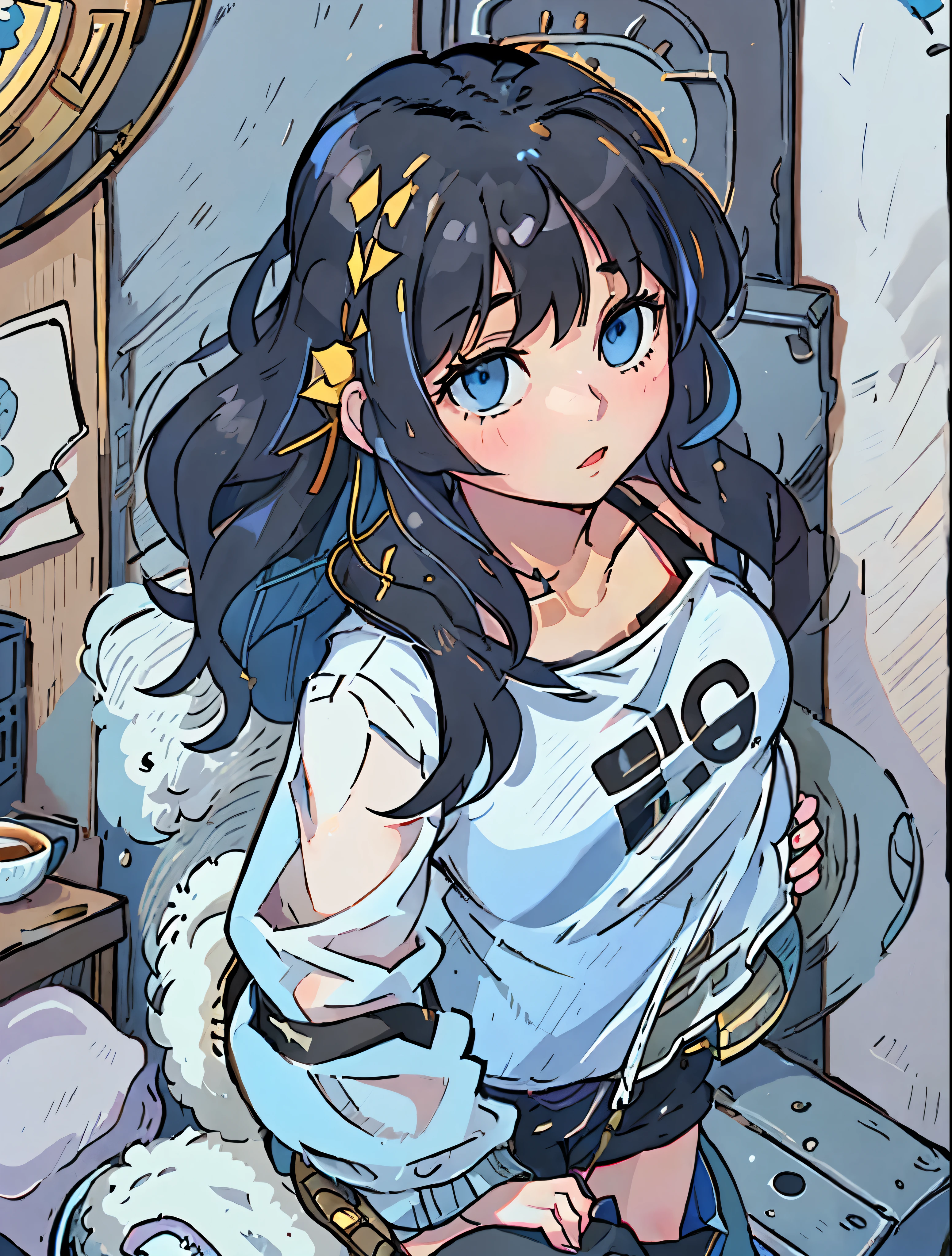 A girl with medium-length black hair.
The central theme of the painting is in her home, Emphasis on the scene where the girl is enjoying toast. The background shows part of her home, including part of the iron gate.
Describe the table and the coffee on it, Create an ambience in your home environment. Emphasize the girl's blue eyes, Capture her expression while eating.
Highlight the texture of medium to long hair. Describe the girl in the cool tank top and overalls, Demonstrate family dining comfort.
Emphasis on the side bag she is carrying and the black boots she is wearing.
