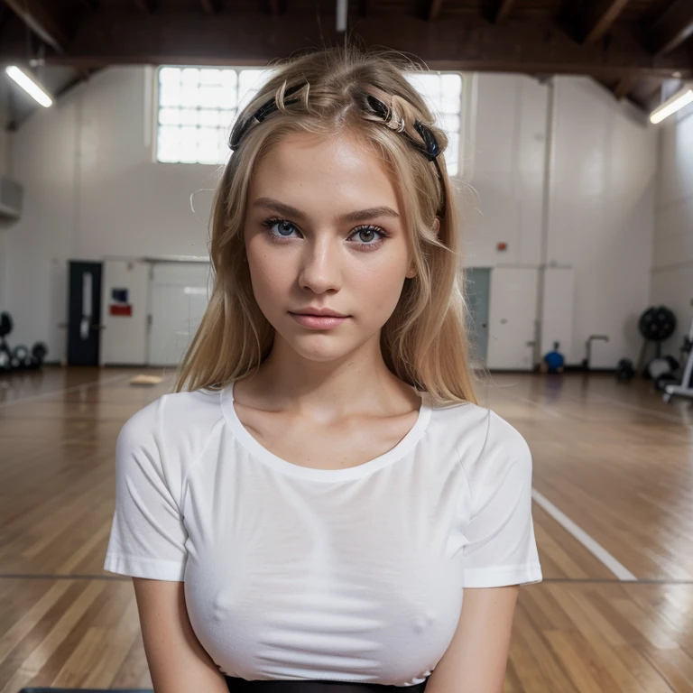 Nikon Z 85mm, Beautiful, one Petite 20-year-old elegant high-class supermodel, ((blond hair)), Bright gray eyes, ((High detailed skin, Skin Details)), Sharp Focus, 8K UHD, Digital SLR, High quality masterpiece, gorgeous russian face, wearing festive makeup, (((thinking face))), photo realistic, ((wearing black leggings and white tshirt)). Working out in a large gym on a mat