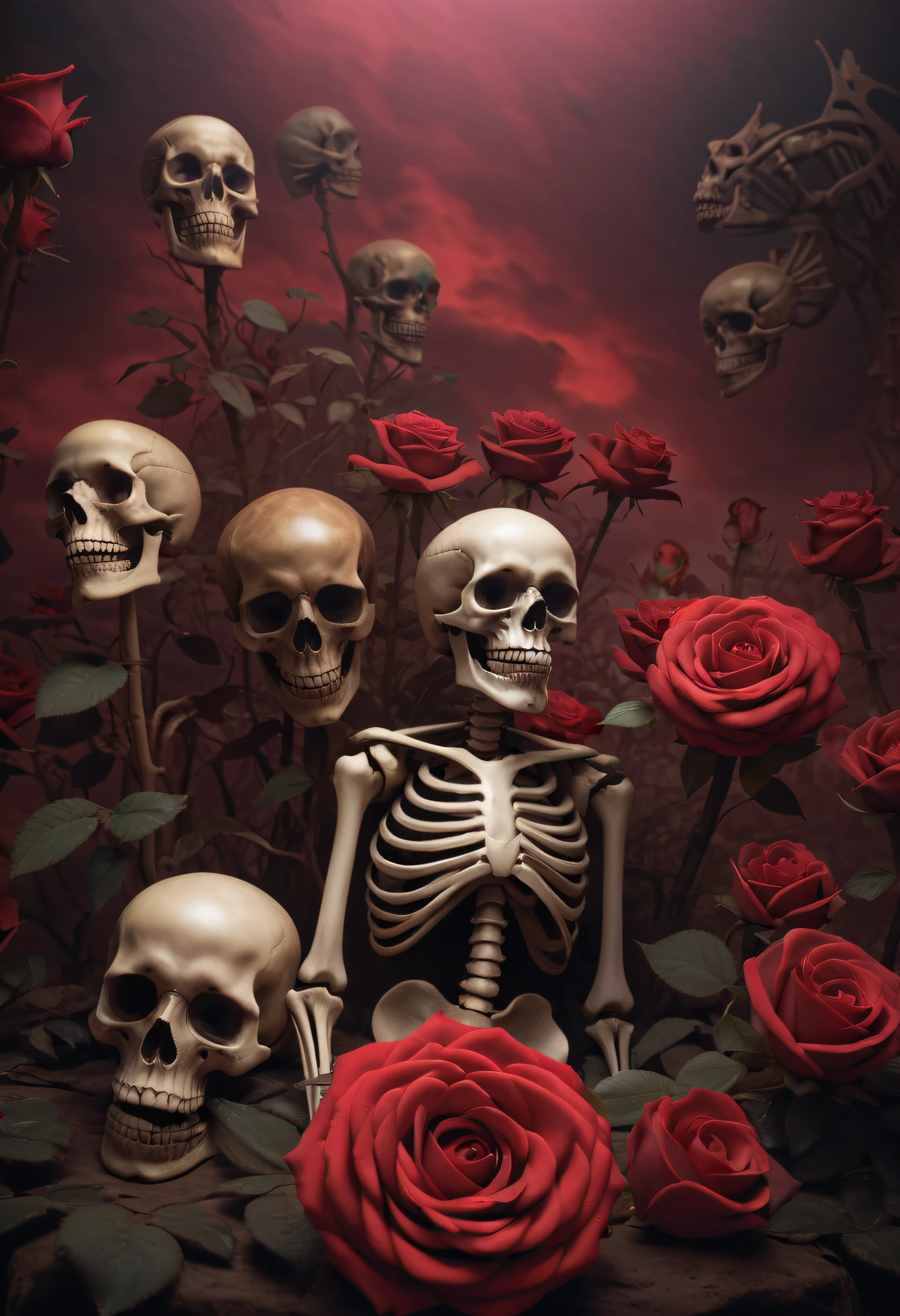 Best Quality、masutepiece、8K、Hell、mare、(skeletal:1.2、dead body、(Rosa、Bloods、cloudiness))