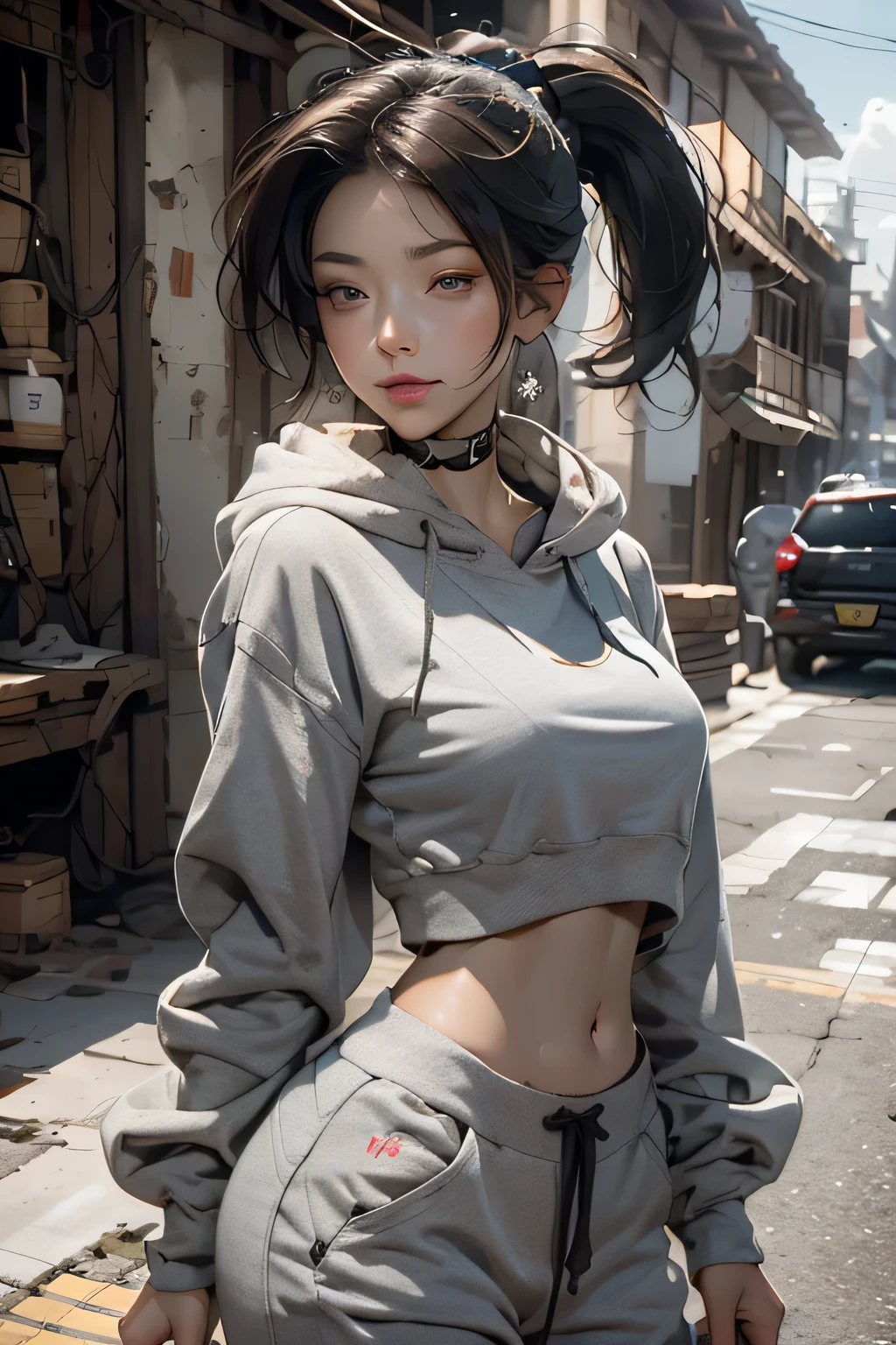 best quality, highres, solo, black hair, a female character is wearing a grey colored outfit with grey sweatpants and a grey crop top hoodie with a white shirt underneath, brown eyes, long hair in ponytail, hoop earrings, headphones, chunky cuban link jewelry, medium breasts, loose and fluid, pigeoncore, elaborate costumes, neo-dadaist, outdoor conference, mechanized precision, in the style of mecha sci-fi anime