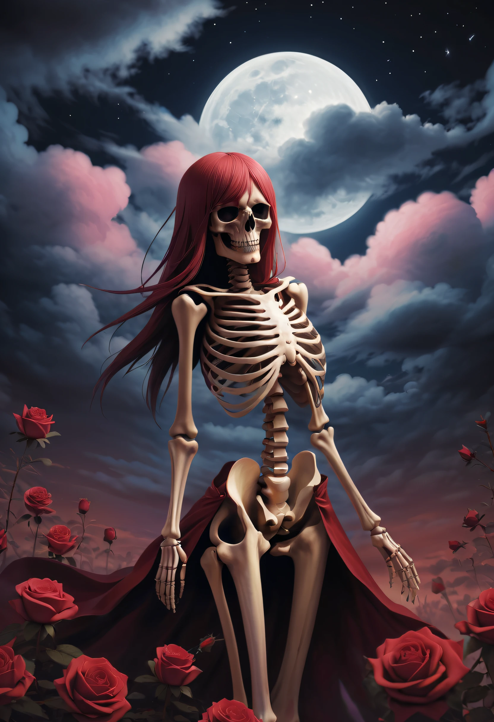 Best Quality、masutepiece、8K、Hell、(skeletal:1.2、dead body、(Rosa、Bloods、cloudiness))、starrysky、fullmoon