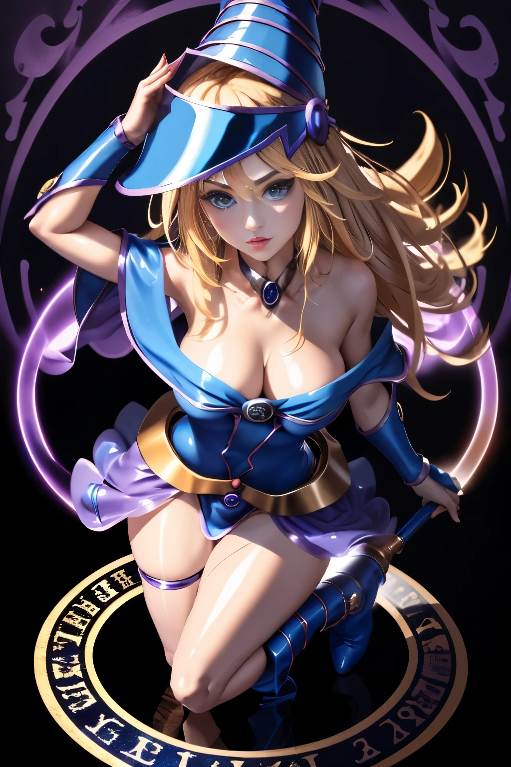 ultra-detailed, extremely detailed, masterpiece, highest quality, best quality, absurdres, highres, dark magician girl, (1girl:1.2), solo, detailed face, dynamic pose, hair flow, (full body:1.1), blonde hair, long hair, looking at viewer, green eyes, skindentation, detailed skin, skin pores, (shiny skin, glossy skin:1.1), rosy skin details, breasts, nail polish, skirt, blue footwear, blue headwear, wizard hat, wand, holding hat, (blue panties:0.9), (summoning circle:1.1), hexagram, pentacle, pentagram, yu-gi-oh!, duel monster, purple magic field, glow, detailed background, intricate background,