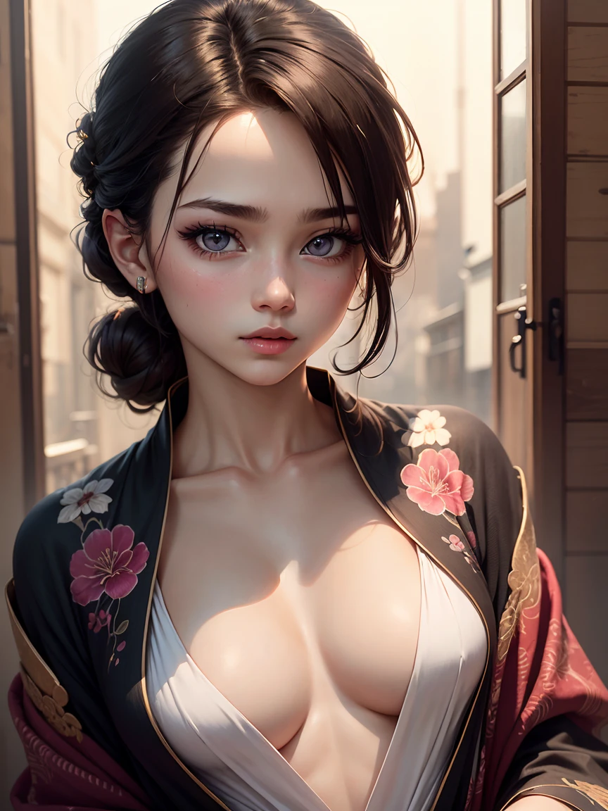 (masterpiece, best quality), boy, pale, small breasts, petite, colored eyelashes, detailed eyes, detailed face, eyeshadow, open kimono, cleavage,