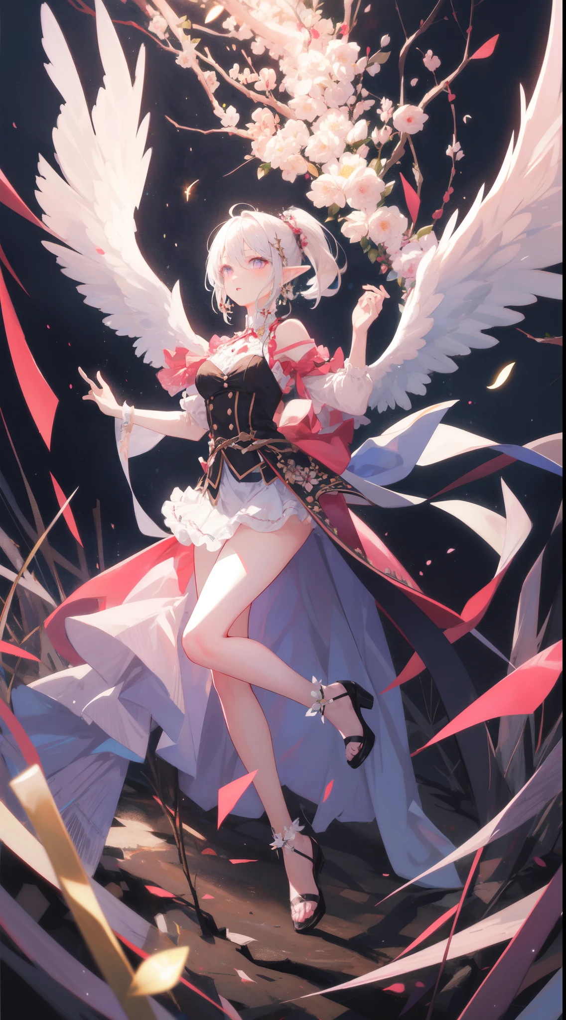((best quality)), ((masterpiece)), (detailed), 1girl, Character design, female, astrology, astrological symbolism, star reading, celestrial theme, heavens, heavens above, constellations, dynamic poses, long white grey hair, grey white eyes, very skinny, detailed, best quality, no accesoires around the neck, no shoes, prominent collarbones, skinny arms, flat stomach, visible hip bones, full body, blank white background, plain background, white background, red and white clothing, Bloodborne inspired, occult aesthetic, occult, detailed and intricate steampunk and detailed gothic, NSFW, Fluttering lace flared long knee length dress with frilly petticoats, knee length dress, pleated petticoats, petticoats gothic, complex lace boots, gothic aesthetic, wielding a mighty sword with mechanical components, mandalas, small breasts, a fairy, various different types of insect wings, beetle wings, NSFW, full body, whole body, body, chains,