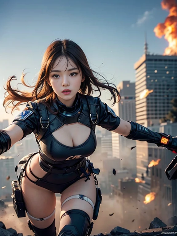 (1girl in:1.3), Solo, (((Very detailed face)))), ((Very detailed eyes and face)))), Beautiful detail eyes, Body parts__, Official art, Unified 8K Wallpaper, Beautiful and beautiful, Beautiful, masutepiece, Best Quality, Original, masutepiece, Super Fine Photo, Best Quality, 超A high resolution, Realistic realism, Sunlight, Full body portrait, Amazing beauty, Dynamic Pose, Delicate face, (Bright eyes from the front), She wears a combat suit, black with one -point red color scheme, women military uniform, Very detailed abandoned warehouse background, Detailed face, Detailed complex busy background, Messy, Gorgeous, Milky White, highly detailed skin, Realistic skin details, Visible Pore, Clear focus, Volumetric fog, 8K UHD, High quality, Film grain, Fair skin, photorealisim, Lomography, futuristic dystopian giant metropolis, Explosion smoke,emergency siren,In battle with the enemy,tense look,tense situation,Combat helicopter,Well-formed beautiful face,Oriental,Korea person,Super beautiful girl in her 10s,A girl full of spirit,Rushing through danger as a rescue worker,strong-willed woman,Strong Woman,former mercenary,fighting professional,Duties: Relief activity team leader,Clearing blue sky,A precious girl who defends the holy war with a pure heart.,Transport the minimum necessary medical equipment,Angle photo from below,Rin, the symbol of battle々Shishi Face,kawaii faces,CLC Yujin,ive Yujin, commander,