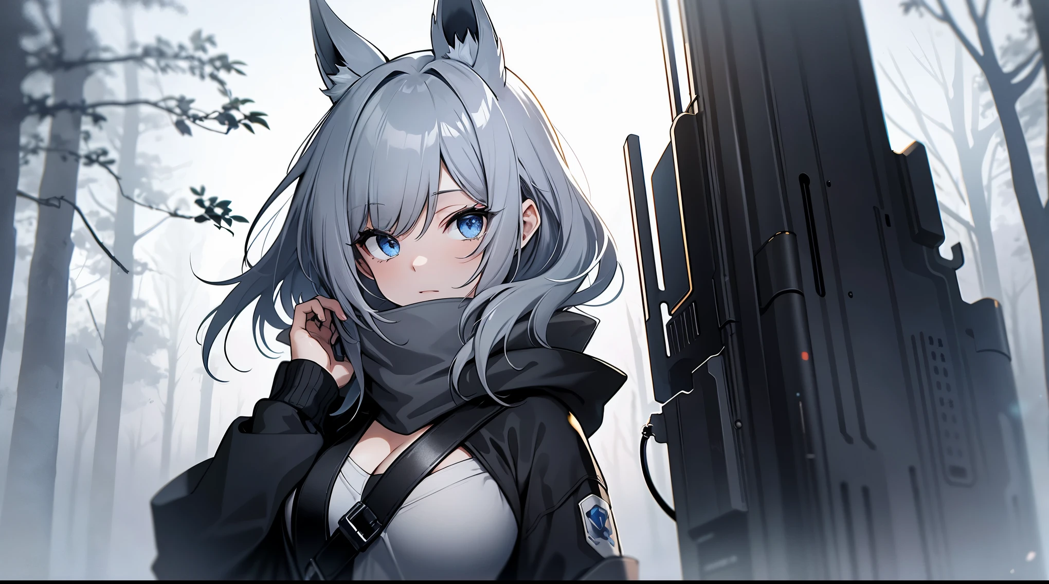 （（tmasterpiece：1.4, Best quality at best））+, （hyper-detailing）+, （delicate blue eyes：1.5）+, （Detailed ears：1.5）, （cute girls）, （Tight white silk：1.5）, Tight white silk, Long hair details，dual horsetail，no headwear，（Black hood：1.2）, pale-skinned, （brown cloth：1.5）, （Black Martin boots：1.4）, towering trees，Surrounded by huge black trees,shrouded in thick fog， Construction machinery，huge black crystal，sheer clifflying dust，black flag，Respiratory masks，（Wanderers：1.1）, （dawn light：1.2）, ）, （closeup cleavage：1.1）, the only person, bright gray hair, Gloom (Expressing the), from the front side, from below, Best quality at best, A high resolution, high detal, high high quality, 16k