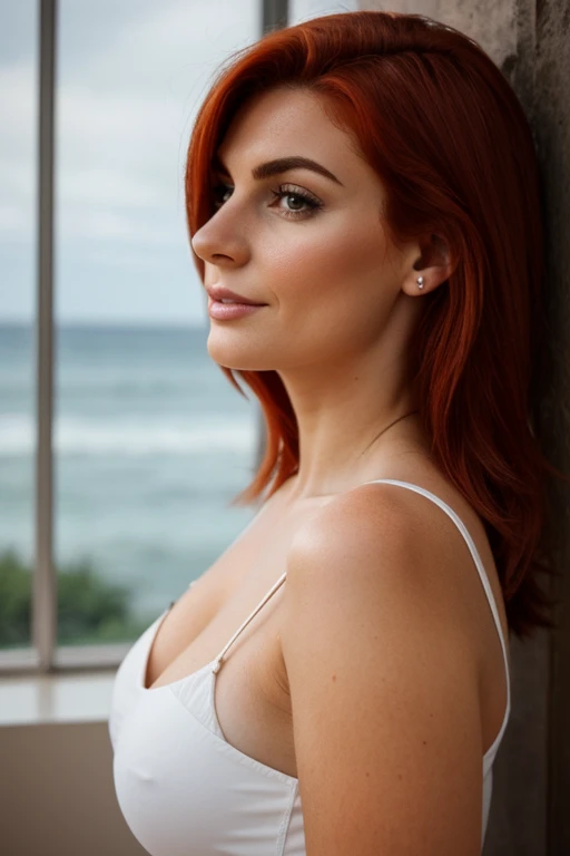 mulher europeia, 25 anos, profile position, alegre, background branco, medium red hair