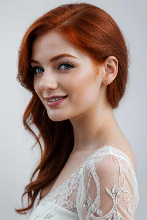 (best quality,ultra-detailed,realistic:1.37),(portrait,european woman),(beautiful detailed eyes,long eyelashes),(beautiful detailed lips),(smiling:1.1),(redhead:1.1) (european woman:1.1) (25 years old:1.1),(profile position),(white background)