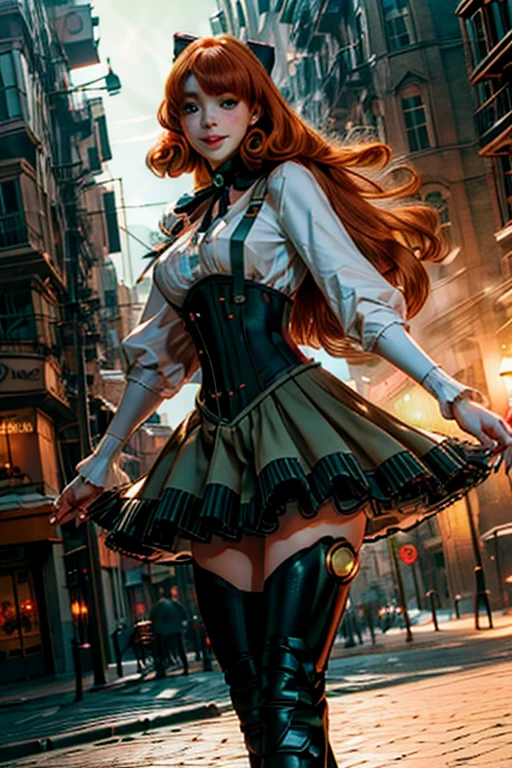 stunning girlfriend, (standing:1.1), dynamic pose, heart shaped face, elegant face, beautiful face, highly detailed face, highly detailed skin, skin pores, subsurface scattering, realistic pupils, loving smile, looking at viewer, full face blush, full lips, detailed background, depth of field, atmospheric perspective, volumetric lighting, sharp focus, absurdres, realistic proportions, good anatomy, (realistic, hyperrealistic:1.4), 16k hdr, pennymk2, green eyes, black bow, (power symbol:1.2), black ribbon, black thighhighs, mechanical legs, smile, long hair, white blouse, suspender skirt, corset, orange hair, 8k wallpaper