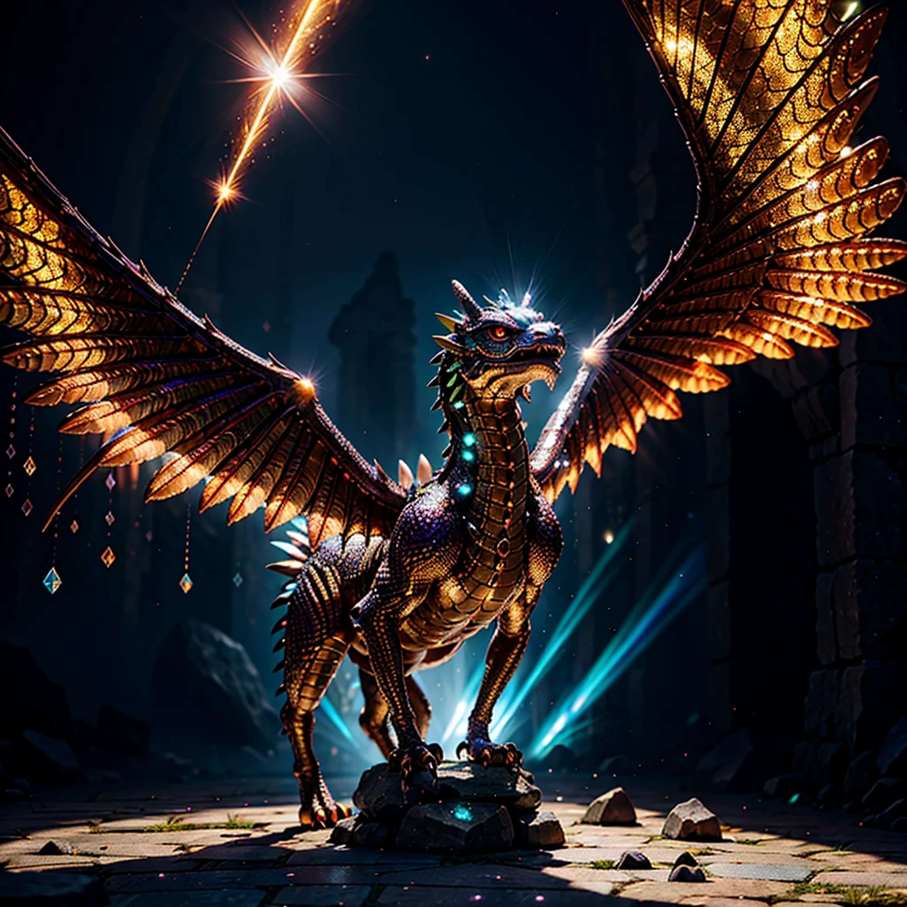 mysterious ancient relics,diamond dragon,illustration,ultra-detailed,highres,(best quality,4k,8k,masterpiece:1.2),crystal scales,glowing eyes and wings,fierce expression,enigmatic background,shadows and light,ancient ruins,sparkling gems,vivid colors,lustrous stone textures,mythical creature,vintage atmosphere,ethereal beauty