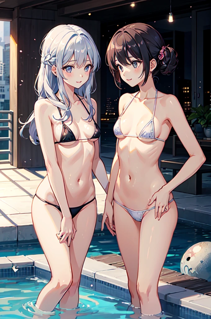 realisitic、top-quality、 1 人、silber hair、Natural eye color、Shy face、Fancy Micro Bikini、((small tits))、Smaller chest、beautiful boob 、Pool at night、Particles of light、profetional lighting、llight rays、wall-、Excited、blush、shousainayubi