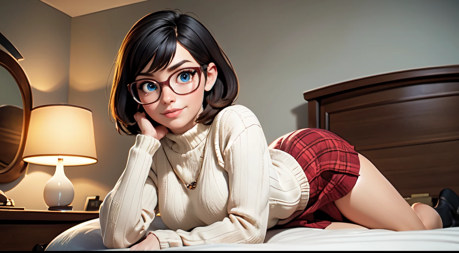 HD, 8k quality, masterpiece, Velma, dream girl, large breasts, beautiful face, blushing, kissing lips, short bob hairstyle, long bangs, perfect makeup, realistic face, detailed eyes, blue eyes, brunette hair, long eyelashes, smiling, spooky bedroom, lying down on bed, thicc body, leaning forward, eyes at viewer, mustard-yellow top, knitted turtle neck sweater, clear lens glasses, cherry-red skirt, schoolgirl skirt, booty, knee high white socks,