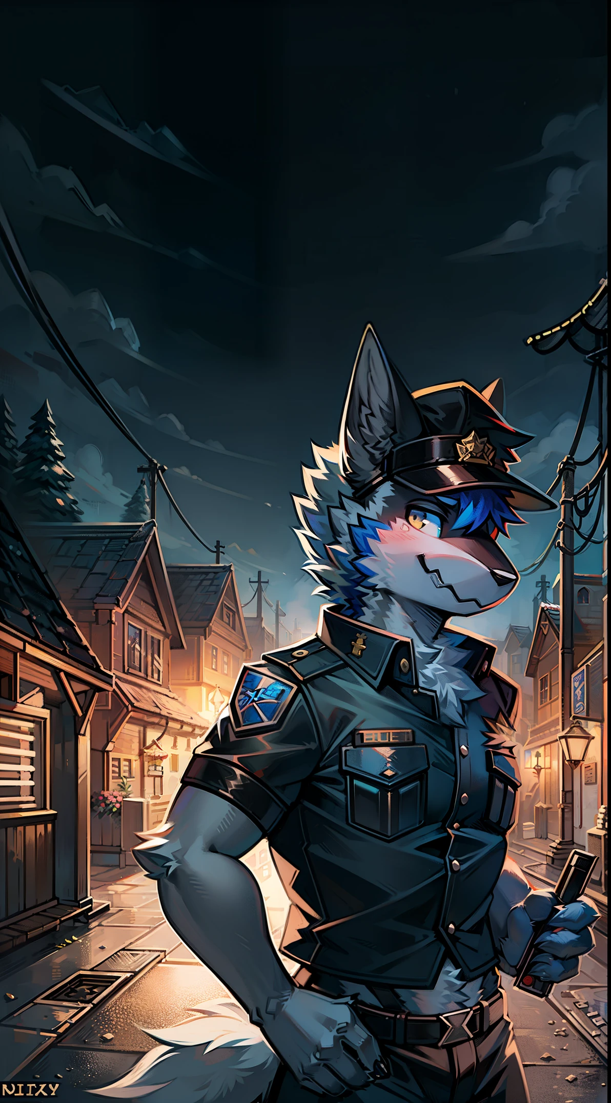 furry, bright fur, police officer, Policeman, furry police, furry sheriff, Police cap, bright background, Village Background