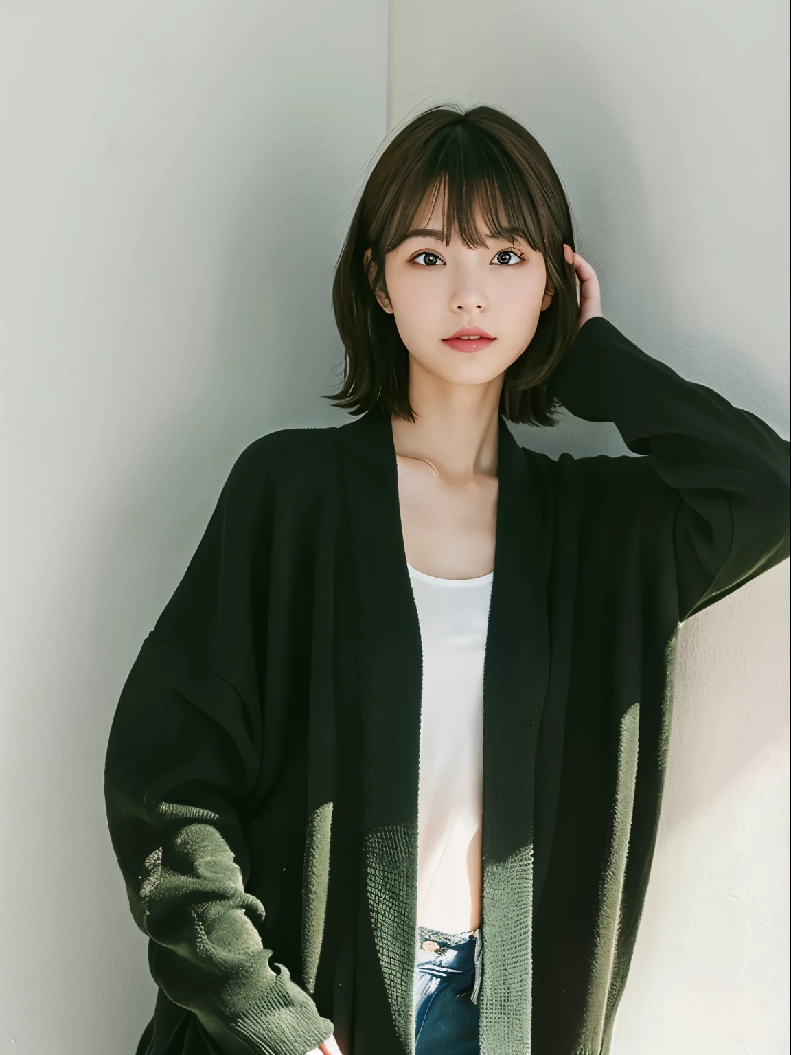 Japan female in her 20s、bob hair with movement、wearing a black cardigan、Taken in front of a white wall、Inside a white walled room with a window、light bob、Brown hair、average face of a japanese woman、Hands are lowered