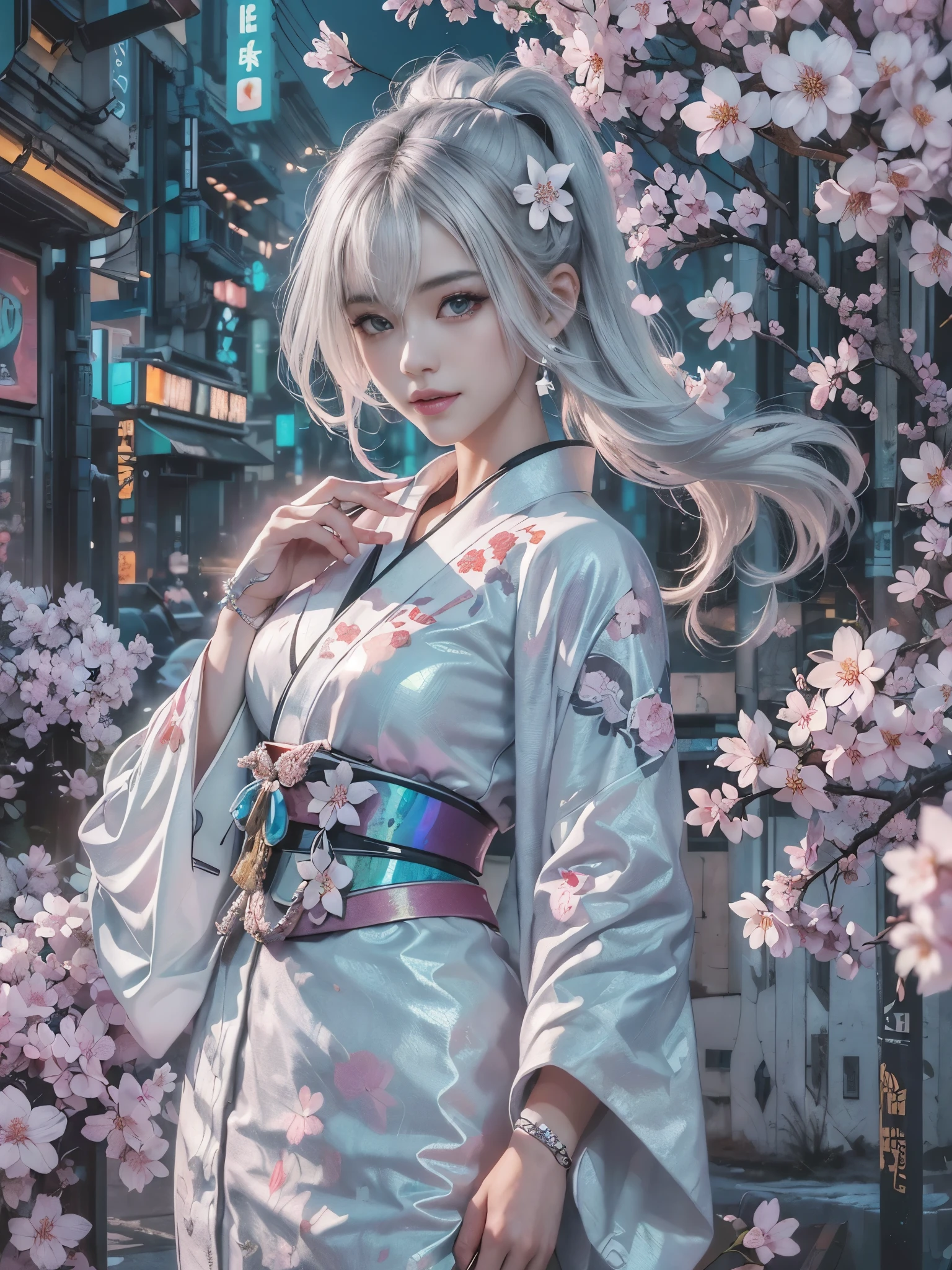 (Digital art, fractal art, official art, beautiful and aesthetic, ultra detailed, beautiful, masterpiece, best quality:1.8), (1girl:1.2), Detailed face, Detailed eyes, Detailed hair, Detailed fingers, five fingers,
_
BREAK cute ig model, Japanese cute model, 22 years old, Tightened all body, small head, small face, small mouth, diamond Face, small nose, Sharp Faceline, smile,Teeth, (dropy eyes, Double eyelid, Light color eyes, Moist eyes, Shiny eyes:1.2), Shiny hair, Shiny skin,
_
BREAK (happy, smile, Teeth, Glossy Lips), beautiful Teeth,
_
(Cyberpunk theme:1.3), (white traditional kimono-inspired cyber dress with futuristic details:1.5), (high neckline, flared sleeves, intricate LED patterns:1.4), (silver metallic fabric:1.4), (silver obi with integrated tech:1.3), (geometric cyber floral motifs:1.4), BREAK
(Cyberpunk cityscape background with holographic cherry blossoms:1.5), (ethereal glow:1.4), (urban futurism:1.3),
(Strike a bold pose with raised arm and extended fingers:1.4), (Confident gaze with a hint of mystery:1.3), BREAK
(Close-up shot capturing the delicate cyber details of the kimono:1.4), (Include a dynamic angle to accentuate the modern twist:1.3), (Highlight the glowing cherry blossoms as a backdrop:1.4),