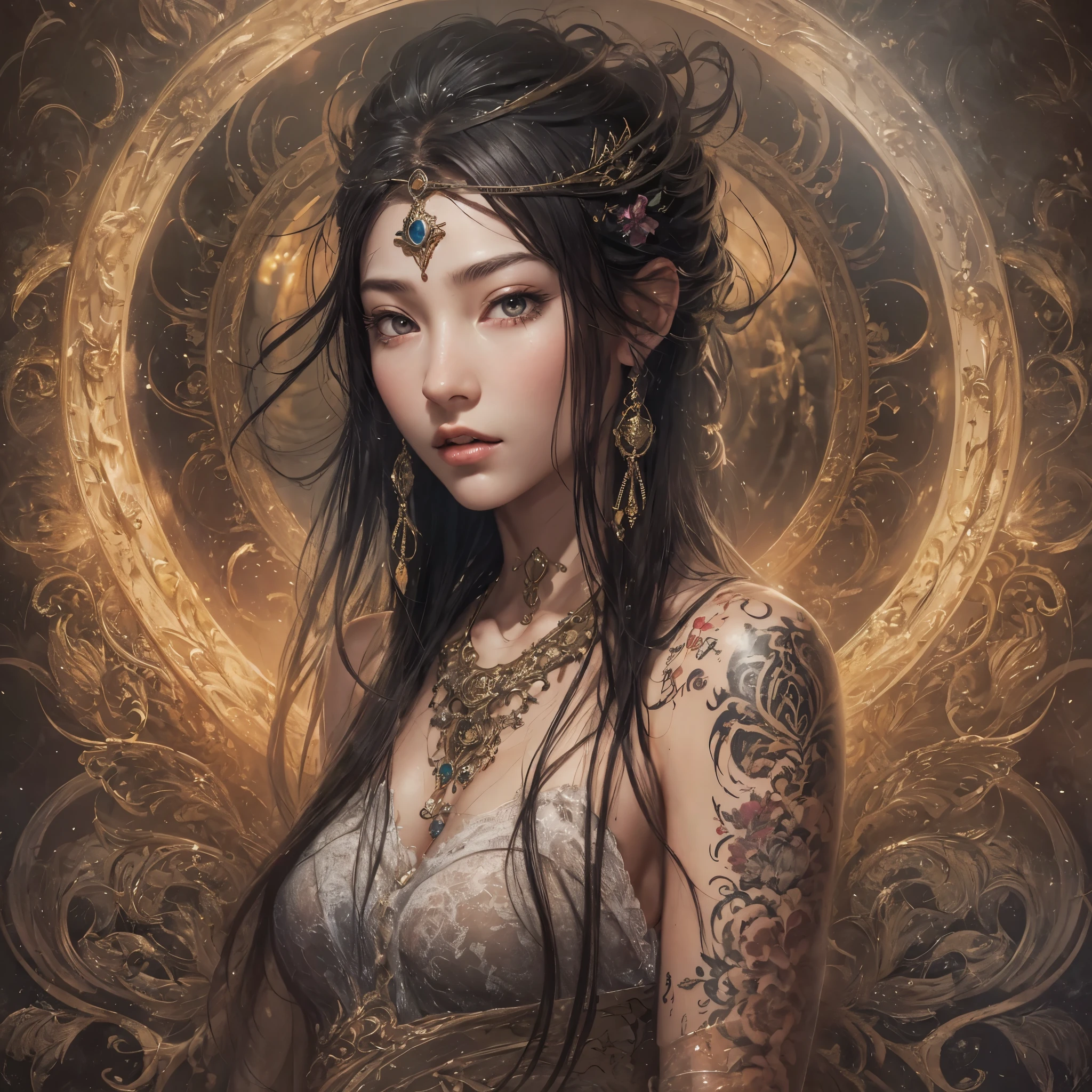 Zodiac ♋ sign, dark and mystical version, characters by karol bak and pino daeni, intricate details, background details, many background objects, extra high detail, magic lighting, a woman, clearly drawn face, beautiful face and symmetrical eyes, far focus, silk clothing, mystical jewelry, detail, beautiful, realistic, hyper realistic