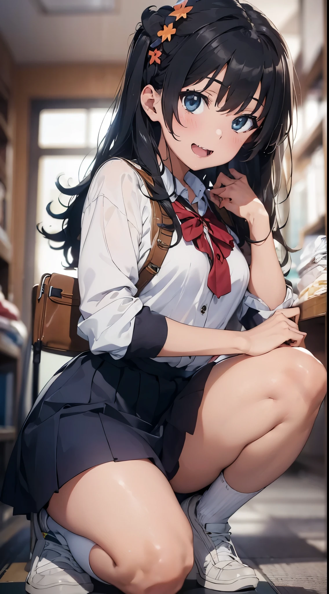 (Official art、Best Quality、Unity 8k Wallpapers、32K、masterpiece、ultra-detailliert、超A high resolution、realisitic、Photorealsitic:1.2)、(Cinematic lighting:1.2)、Fireglow effect、The grainiest shadow of the film、Rim lighting、side lights、Center shot、(ultra-detailliertで複雑な3Dレンダリング)、Detailed beautiful face and eyes、A slender、Medium bust、(Full body:1.2)、 Highly detailed background、beauitful face、blurry backround、-yeld beiful girl、(ultra-detailliertなスキン、detailed skin textures:1.3)、A dark-haired、Hip Hop Cable、(thighs thighs thighs thighs:0.8)、lowfers、(((Sea sand beach)))、Smile with open mouth、((Nariko Saten)),Blue eyes,((Japan High School Student Uniform))(see -through)crouching down