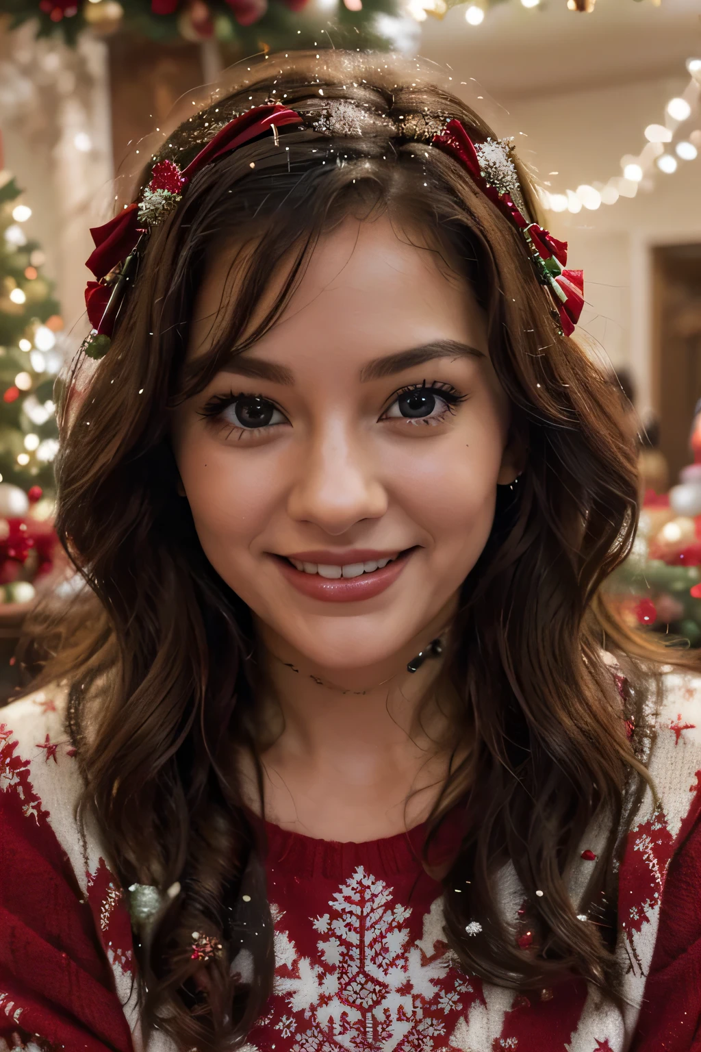 (beautiful, detailed eyes, beautiful, detailed lips, extremely detailed face, long eyelashes, brown eyes, bright smile), (red sweater), (Christmas tree), (festive atmosphere, cozy, warm, joyful), (soft lighting), (oil painting), (ultra-detailed, highres), (vibrant colors, red and green), (celebration), (happy and relaxed expression), (curly dark hair), (wintery backdrop), (cheerful ambiance), (sparkling ornaments), (traditional decorations), (snowflakes, snow-covered ground), (festive music in the background), (holiday spirit), (festive mood), (happiness), (festive clothing), (family gathering), (togetherness), (memorable moments), (laughter and joy), (traditions), (excitement), (smiling friends and family), (warm atmosphere), (delightful surprises), (holiday cheer), (positive energy), (special occasion), (love and happiness), (fond memories), (festive sweaters), (festive accessories), (festive decorations), (big smile), (festive lights), (cute and charming)
Be aware of:
- When describing the subject of the character,Emphasize the character’s eyes、Lip and facial details,This is to avoid possible deformation of facial features during random generation.。
- Use parentheses ( ) to emphasize keywords。