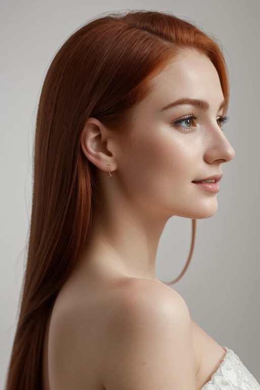 (best quality,4k,8k,highres,masterpiece:1.2),ultra-detailed,(realistic,photorealistic,photo-realistic:1.37),portrait,female subject,European woman,25 years old,profile position,joyful expression,white background,medium red hair