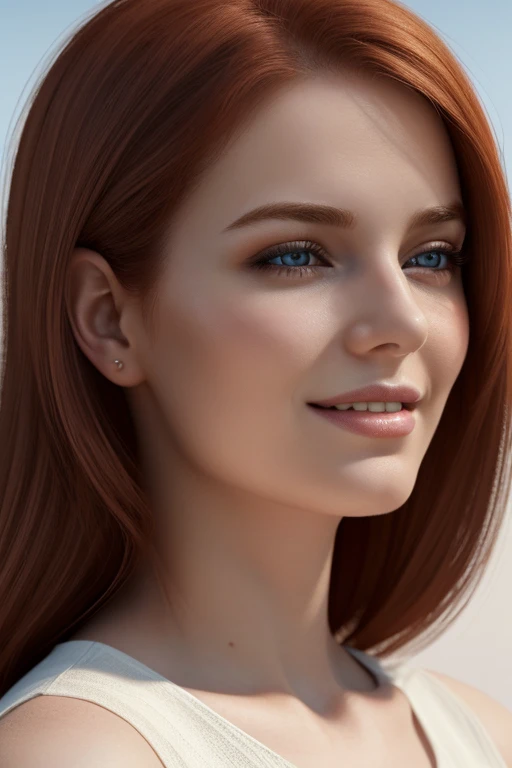 (best quality,4k,8k,highres,masterpiece:1.2),ultra-detailed,(realistic,photorealistic,photo-realistic:1.37),portrait,female subject,European woman,25 years old,profile position,joyful expression,white background,medium red hair