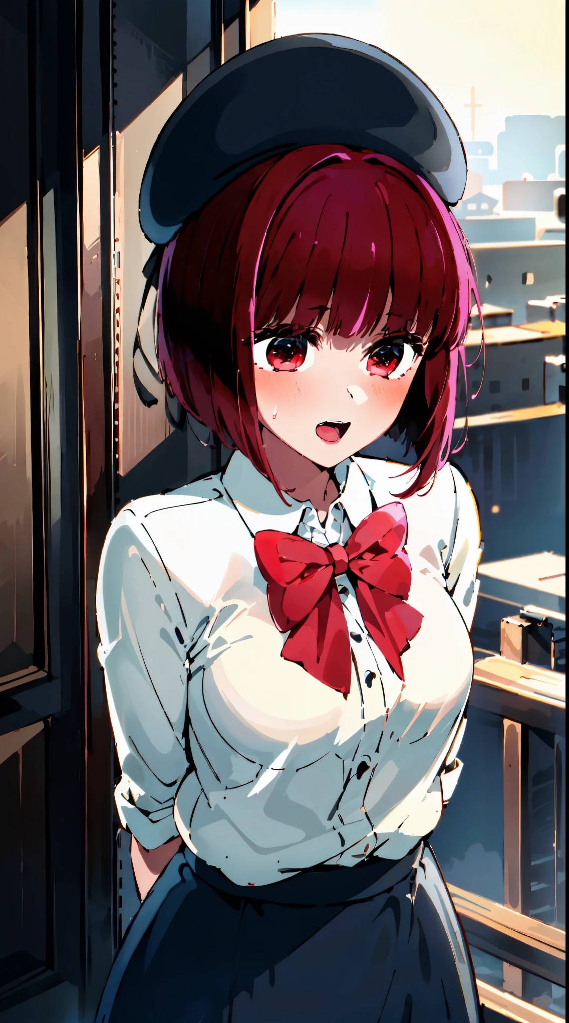 masterpiece, best quality, ultra-detailed, glowing light, (detailed background, complex background:1.2), (perfect face, detailed face), (mature female, milf:1.4), thick thighs, open mouth, happy
arima_kana, short hair, hat, shirt, bow, long sleeves, beret, red hair, jacket, red eyes, bowtie, white shirt, collared shirt, skirt
(garden, outdoors, standing, arms behind back)