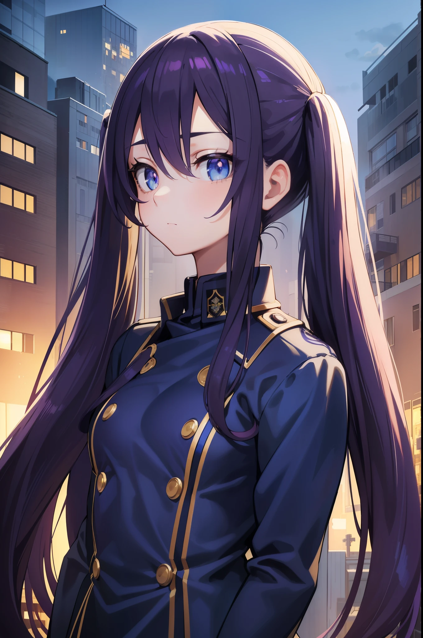 monamegistus, mona, blue eyes, hair between eyes, twintails, very long hair, purple hair, (small breast:1.2), ((military uniform)), outdoors, city, looking at viewer, (masterpiece:1.2), best quality, high resolution, unity 8k wallpaper, (illustration:0.8), (beautiful detailed eyes:1.6), extremely detailed face, perfect lighting, extremely detailed CG, (perfect hands, perfect anatomy),