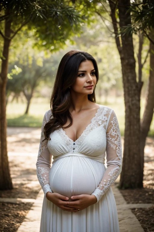 Beautiful pregnant woman, 26 years old, with dark brown almond-shaped eyes and an oval face shape, in a white chic dress, dress with long sleeves, relaxed and graceful, full body view, standing in a garden, with the iconic garden and nature view, with details visible in the background, she has a plus size body, approximately M body size, with a height of 1.70 m, a bust size of S, a well-shaped bottom (36), and very realistic skin texture. Her naturally wavy hair frames her prominent cheekbones. picture with wide composition, the photo is in high resolution, masterpiece quality, with complex details, sharpness, and detailed skin and eye textures. Captured in 4k resolution with a Canon camera, featuring a serene expression, depth of field, Kodak Vision color, ultra-realistic photography, and post-processing to ensure maximum detail, true to life, resembling an Instagram model