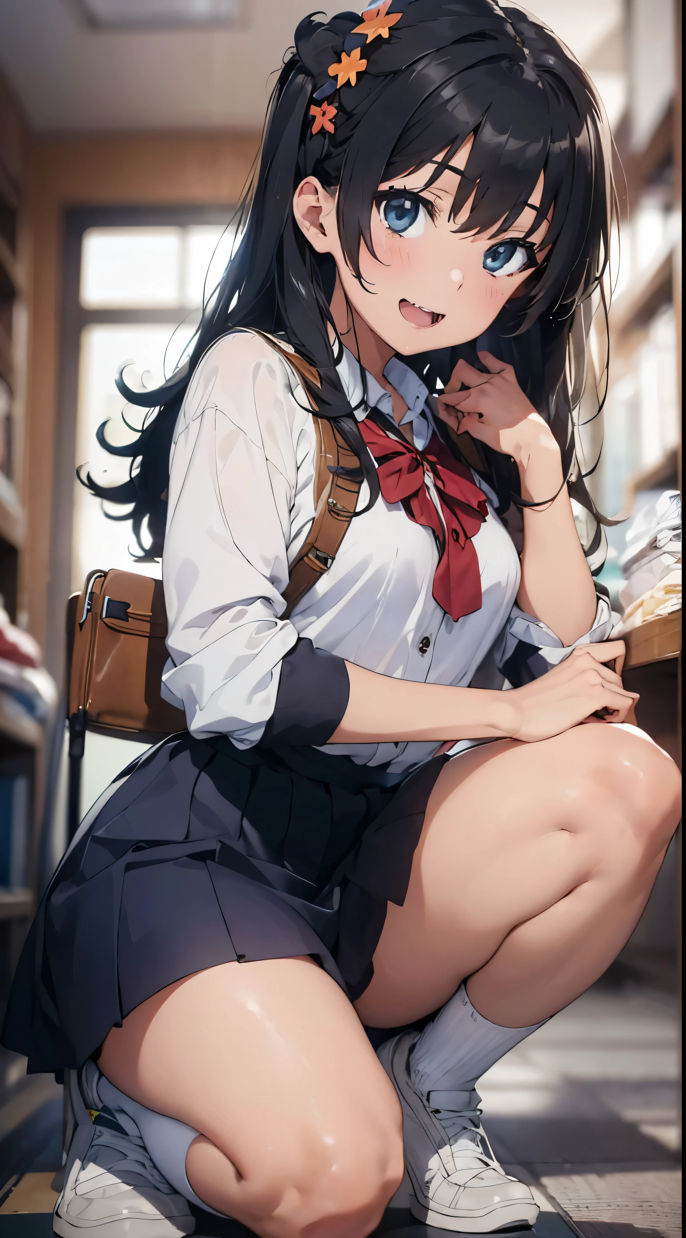 (Official art、Best Quality、Unity 8k Wallpapers、32K、masterpiece、ultra-detailliert、超A high resolution、realisitic、Photorealsitic:1.2)、(Cinematic lighting:1.2)、Fireglow effect、The grainiest shadow of the film、Rim lighting、side lights、Center shot、(ultra-detailliertで複雑な3Dレンダリング)、Detailed beautiful face and eyes、A slender、Medium bust、(Full body:1.2)、 Highly detailed background、beauitful face、blurry backround、-yeld beiful girl、(ultra-detailliertなスキン、detailed skin textures:1.3)、A dark-haired、Hip Hop Cable、(thighs thighs thighs thighs:0.8)、lowfers、(((Sea sand beach)))、Smile with open mouth、((Satin Narico)),Blue eyes,((Japan High School Student Uniform))(see -through)crouching down
